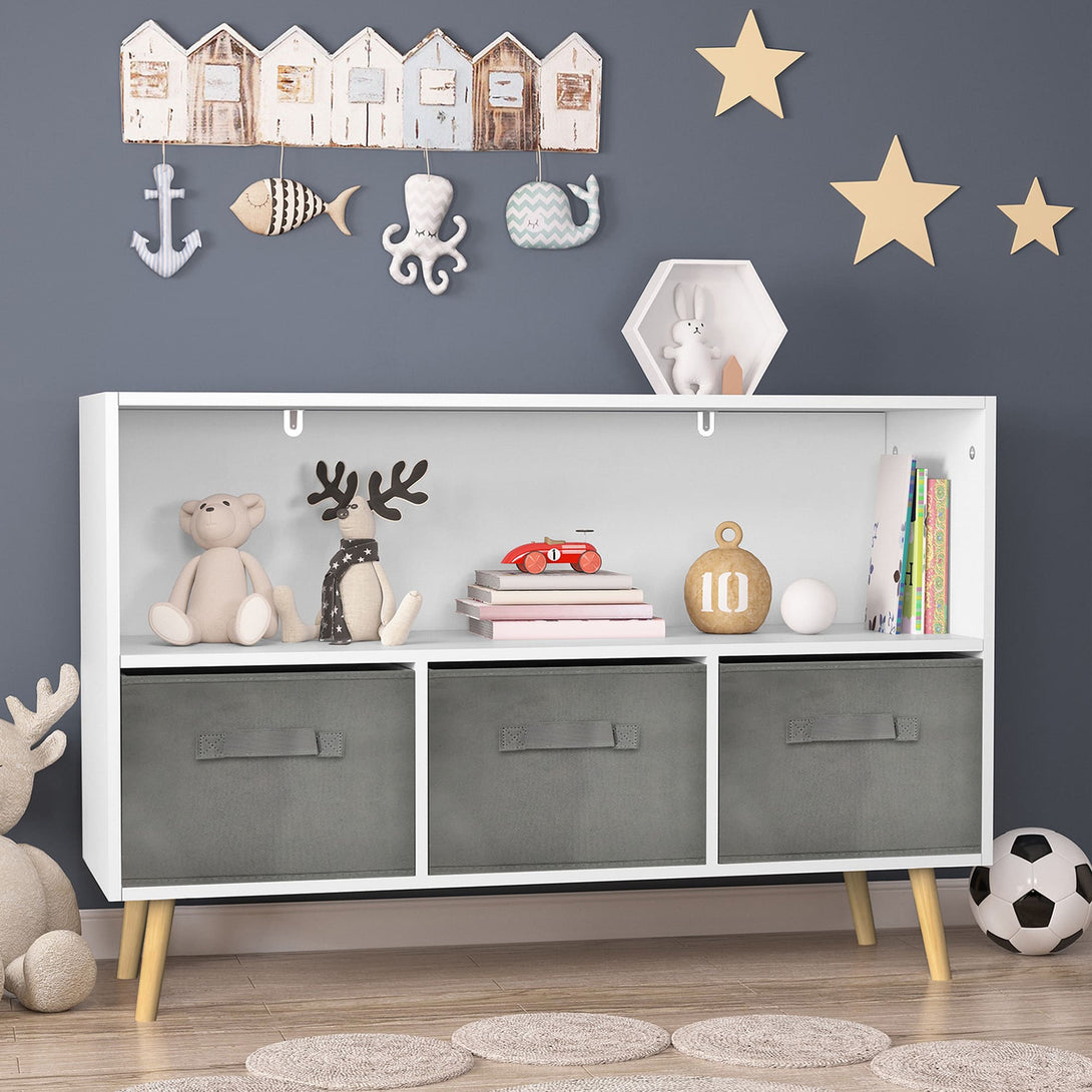 Kid’s Bookcase with Collapsible Drawers Toy Storage Organizer- White+Gray_0