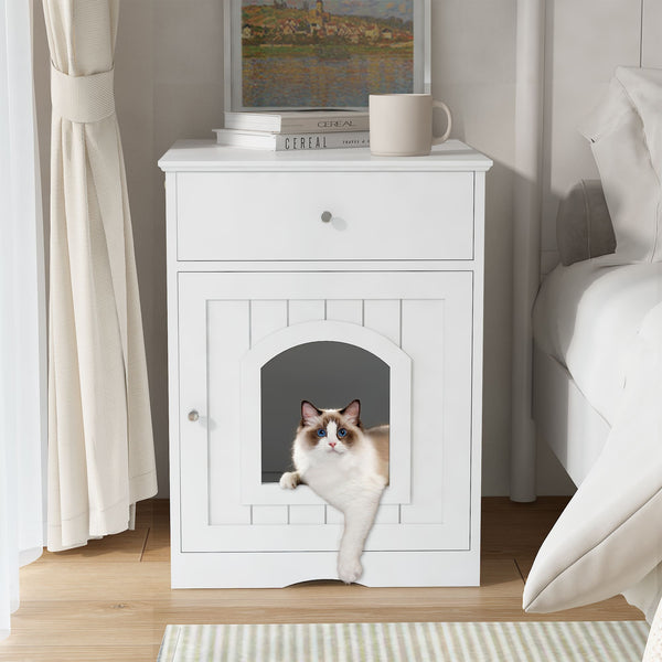 Hidden Box Cat End Table Wooden Night Stand Enclosed Pet Litterbox- White_0