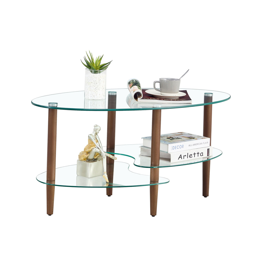 3 Layered Transparent Tempered Glass Oval Modern Coffee Table - Brown_0