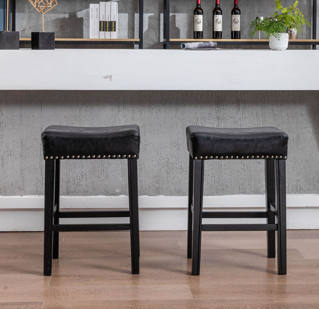 2 pcs Backless Faux Leather Kitchen Counter Soft Sitting Stool Island Chair- Black_11