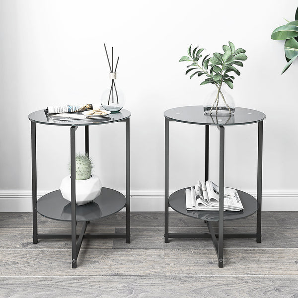 2 pcs Modern Designed Tempered Glass Round Coffee and End Table- Black_0