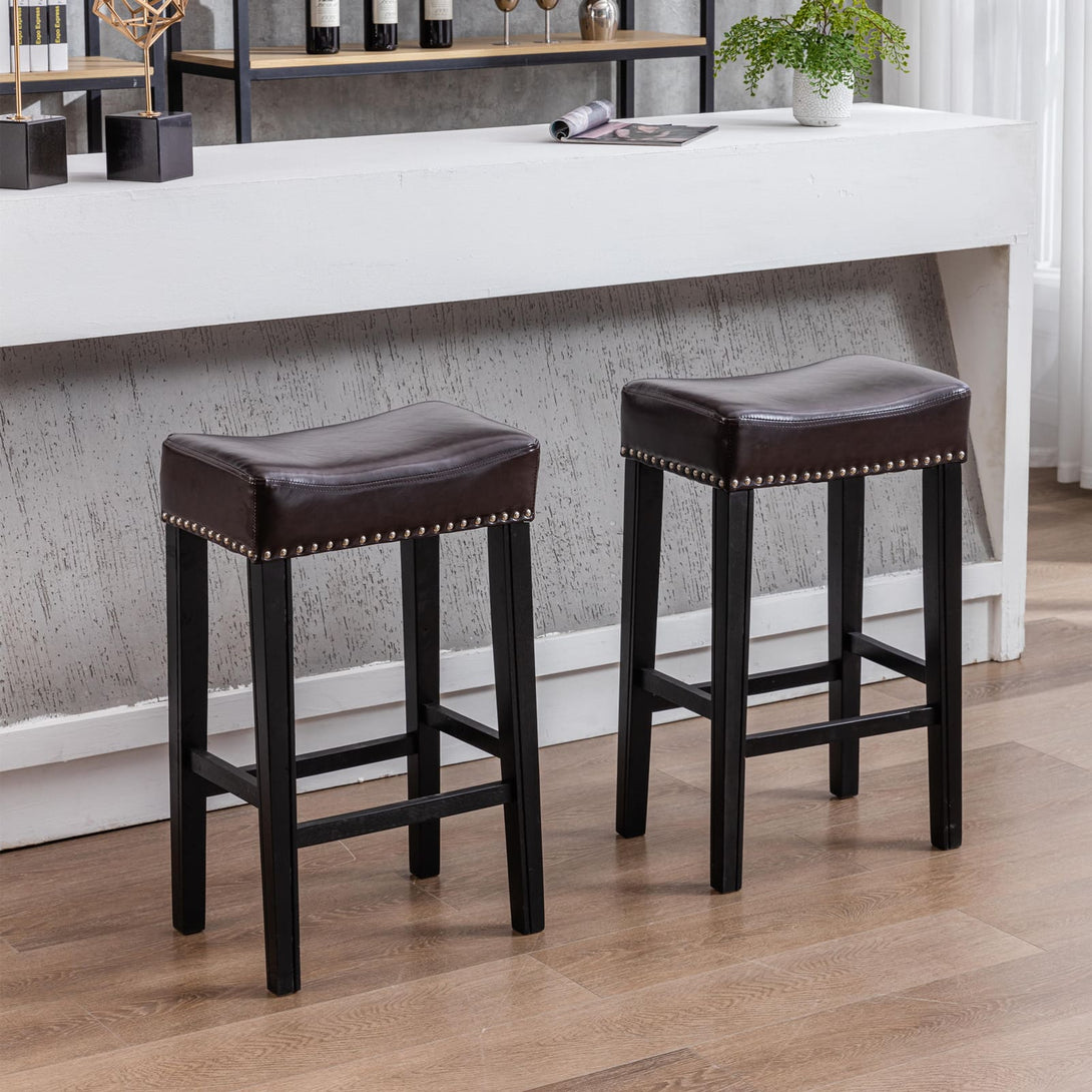 2 pcs 29" Backless Faux Leather Kitchen Counter Soft Sitting Stool Island Chair- Brown_2