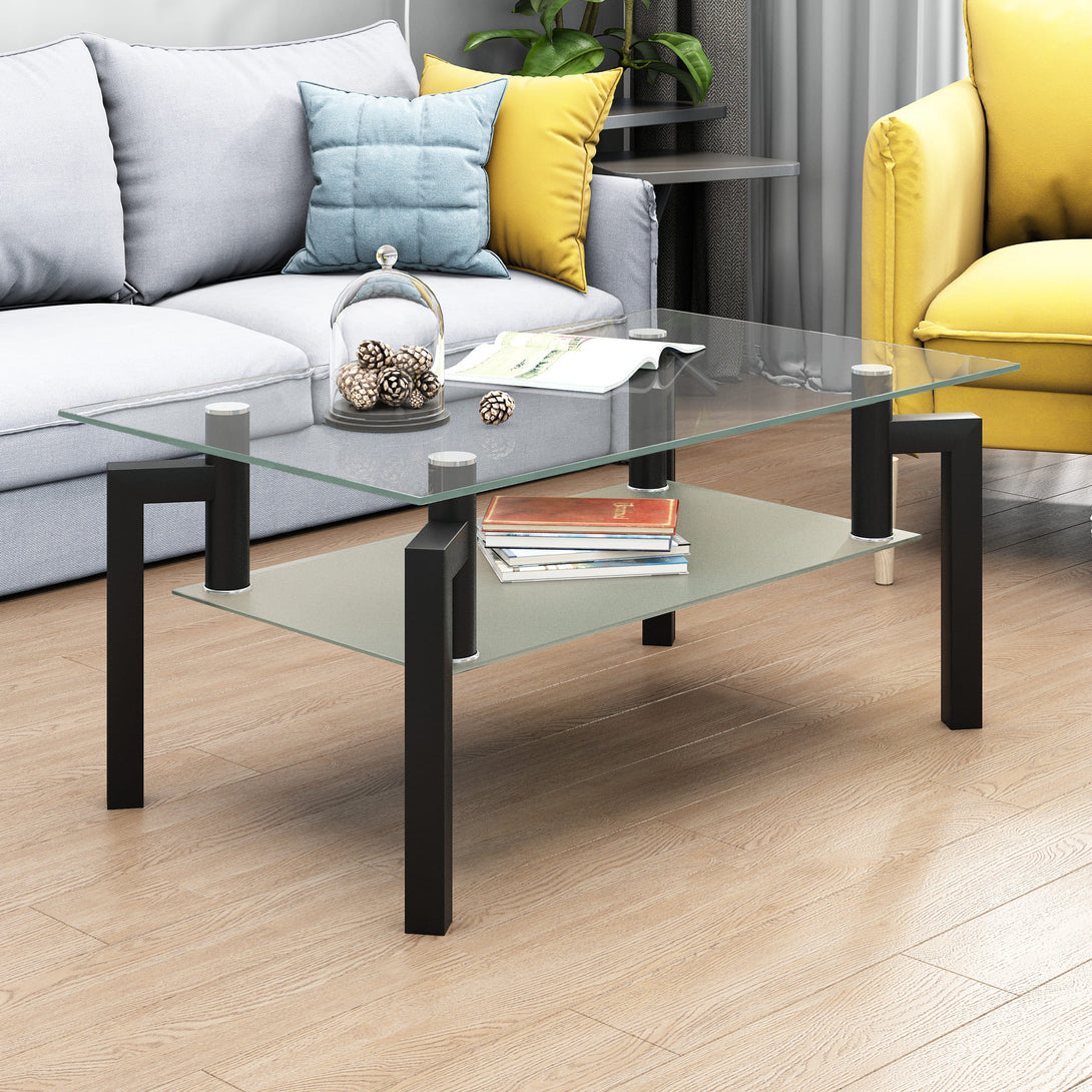 Rectangular Double Layer Tempered Glass Coffee Table with Metal Legs- Clear Glass+Black_0