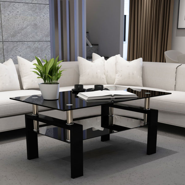 Rectangular Double Layer Tempered Glass Coffee Table with Metal Legs- Black Glass+Black_0