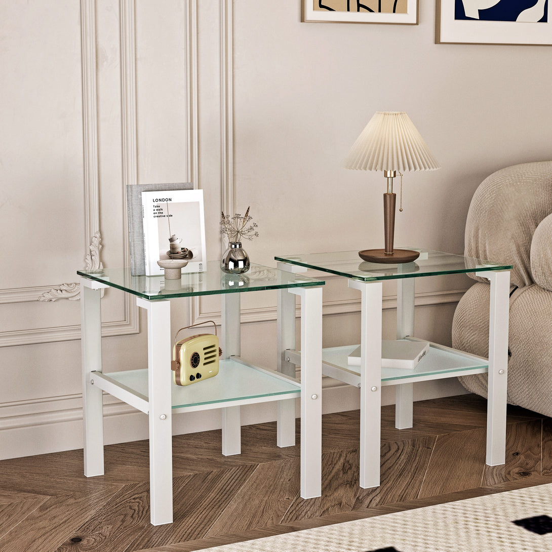 2pcs Two Layered Tempered Glass Small Bedroom Corner Home Tea Table- Transparent+White_1