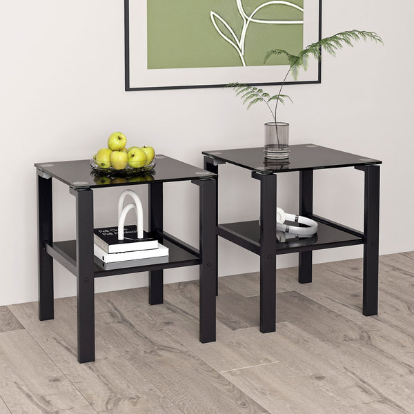 2pcs Two Layered Tempered Glass Small Bedroom Corner Home Tea Table- Black+Black_0