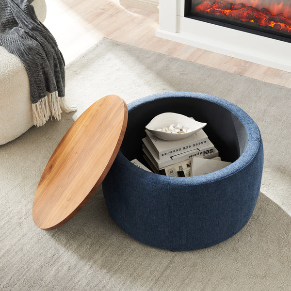 2 in 1 Round Storage Organizer and Foot Stool with Wooden Lid- Navy_0