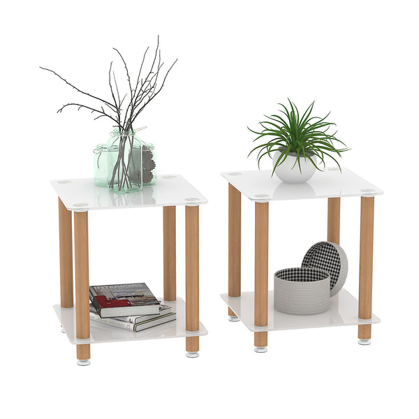 2-Tier End Table Modern Night Stand Side Table with Storage Shelve- White+Oak, 2 pcs_0