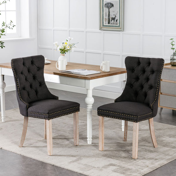 2 pcs Solid Wood High-End Tufted Contemporary Linen Chair with Wooden Legs- Black_0