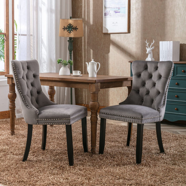 2 pcs High-End Tufted Contemporary Velvet Chair with Wooden Legs- Gray_0