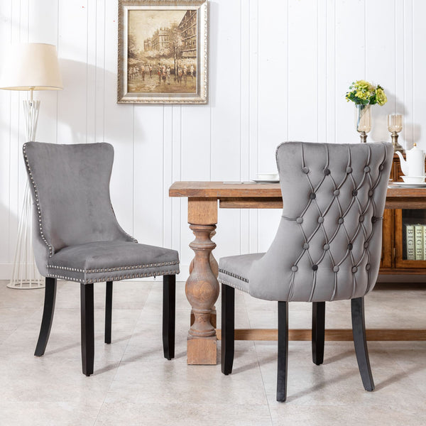 2 pcs High-End Wing Back Tufted Modern Contemporary Velvet Chair with Wooden Legs- Gray_0