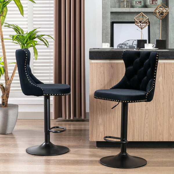 Set of 2 Modern Upholstered Tufted Velvet Armless Bar Stools with Back Rest- Black_0