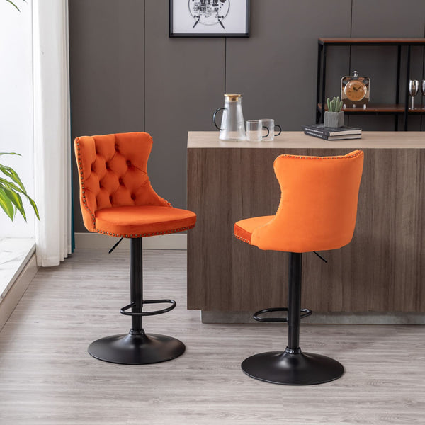 Set of 2 Modern Upholstered Tufted Velvet Armless Bar Stools with Back Rest- Orange_0