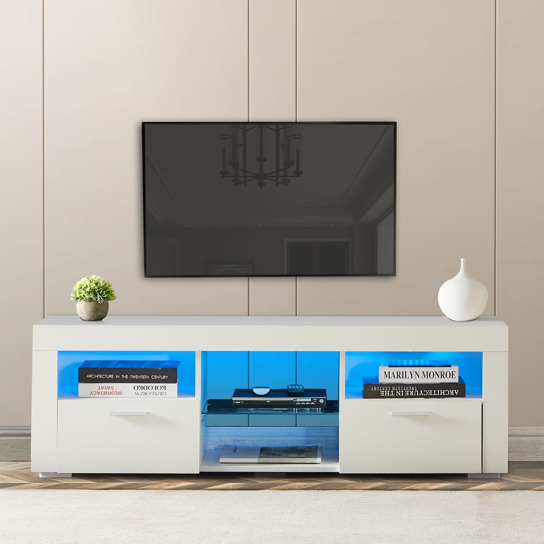 Modern TV Console Storage Media TV High Gloss Organizing Cabinet with LED Light- White_0