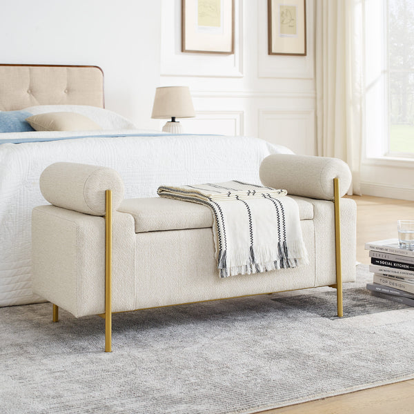 Elegant Upholstered Linen Storage Bench with Cylindrical Arms and Iron Legs- Beige_0