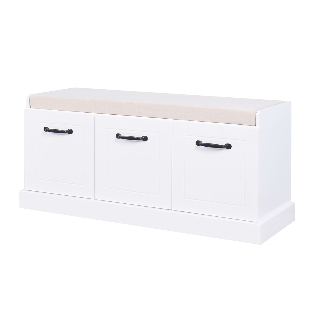 Wooden Entryway Shoe Cabinet Living Room Storage Bench with White Cushion_0