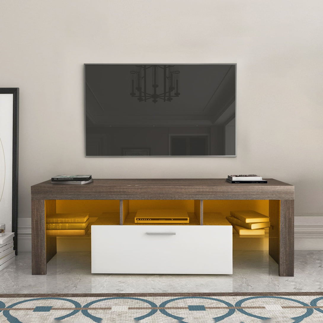 Easy and Quick Assembly Modern TV Stand with Toughened Glass Shelf- Brown+White_0