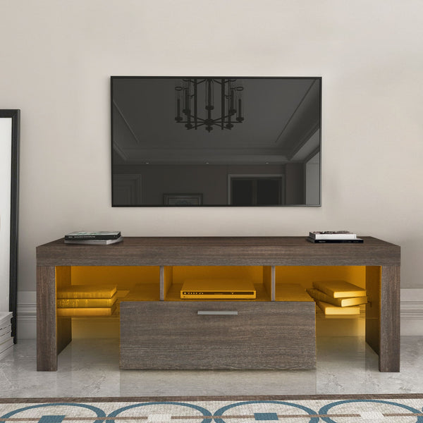 Easy and Quick Assembly Modern TV Stand with Toughened Glass Shelf- Brown_0