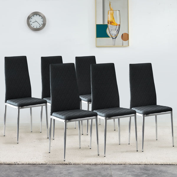 6pcs/set Grid Armless Faux Leather High Back Padded Dining Chairs with Metal Legs- Black_0