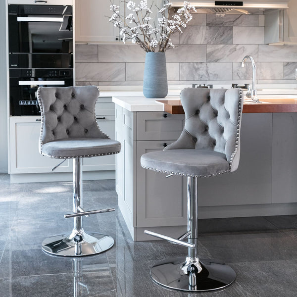 Set of 2 Modern Upholstered Tufted Velvet Armless Bar Stools with Chrome Details- Gray_0