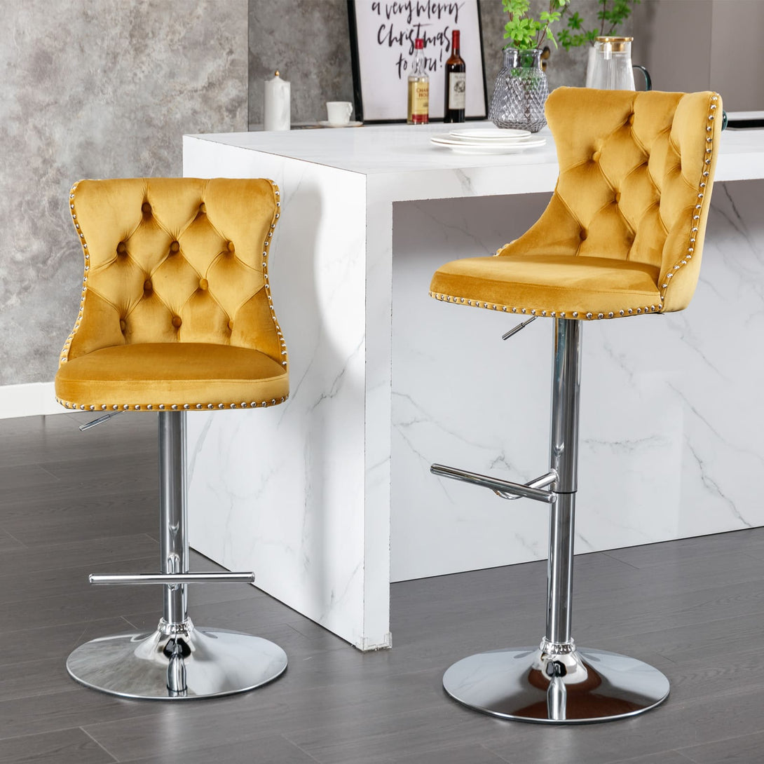 Set of 2 Modern Upholstered Tufted Velvet Armless Bar Stools with Chrome Details- Gold_0