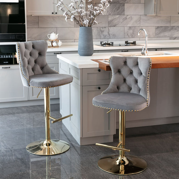 Set of 2 Modern Upholstered Tufted Velvet Armless Bar Stools with Gold Details- Grey_0