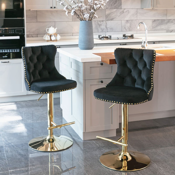 Set of 2 Modern Upholstered Tufted Velvet Armless Bar Stools with Gold Details- Black_0