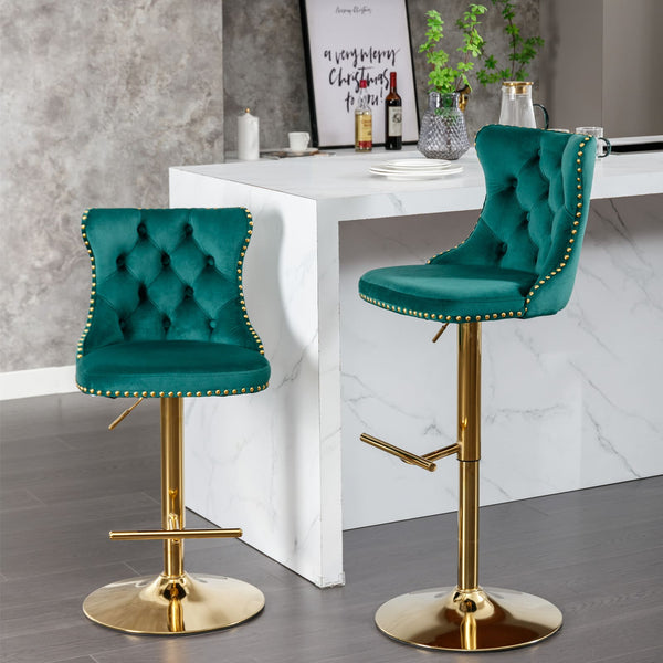 Set of 2 Modern Upholstered Tufted Velvet Armless Bar Stools with Gold Details- Green_0