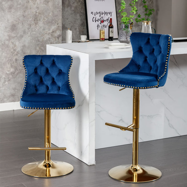 Set of 2 Modern Upholstered Tufted Velvet Armless Bar Stools with Gold Details- Blue_0