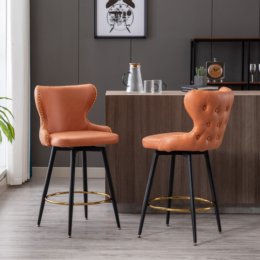 2pcs Gold Accent Bar Stools Tufted Fabric Upholstery with Nailhead Lining and Metal Legs in Orange_1