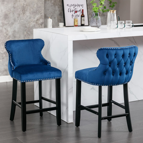 2pcs Chrome Accent Wingback Bar Stools Tufted Velvet with Nailhead and Black Legs- Blue_0