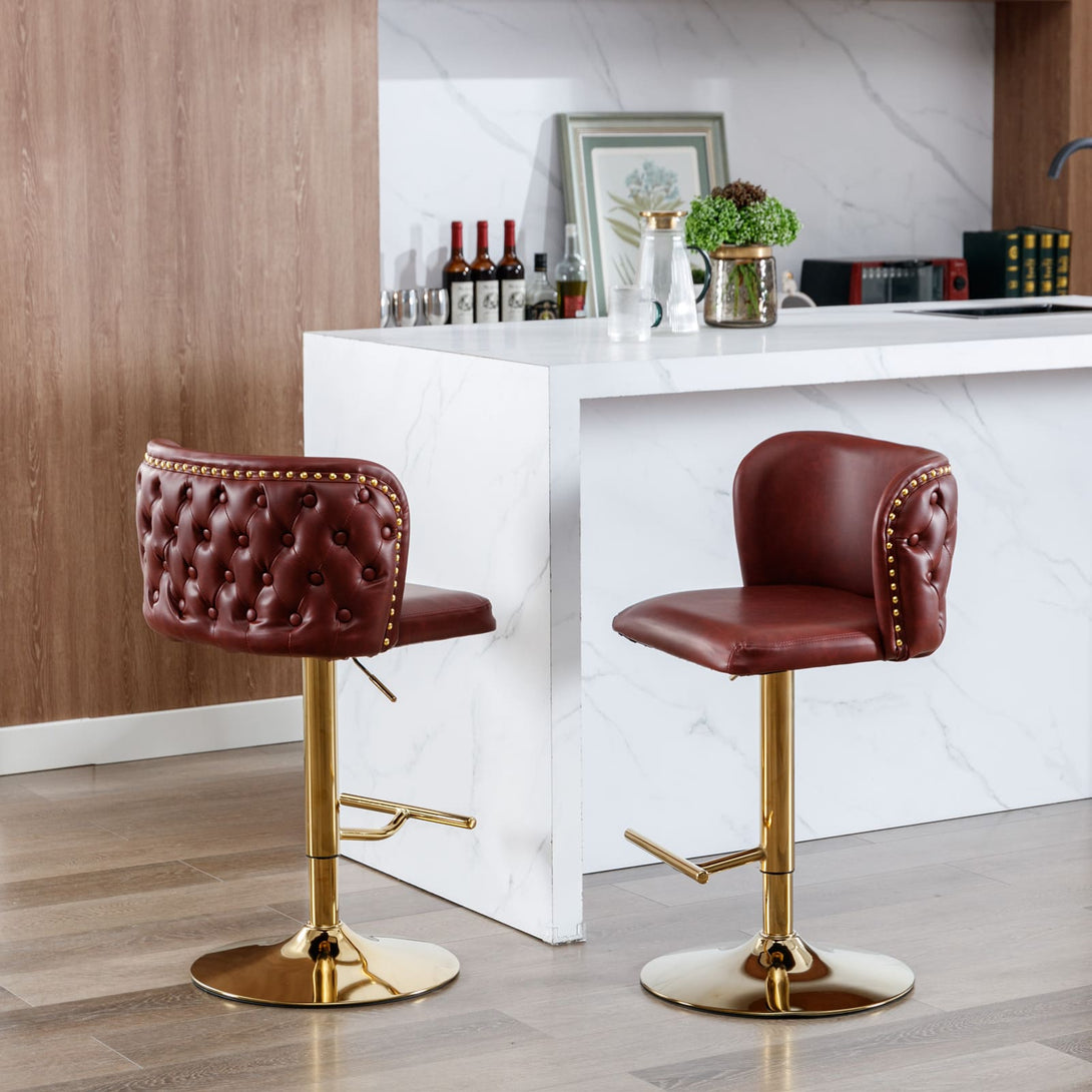 Set of 2 Gold Details Upholstered Whole Back Tufted PU Armless Bar Stools- Burgundy_1