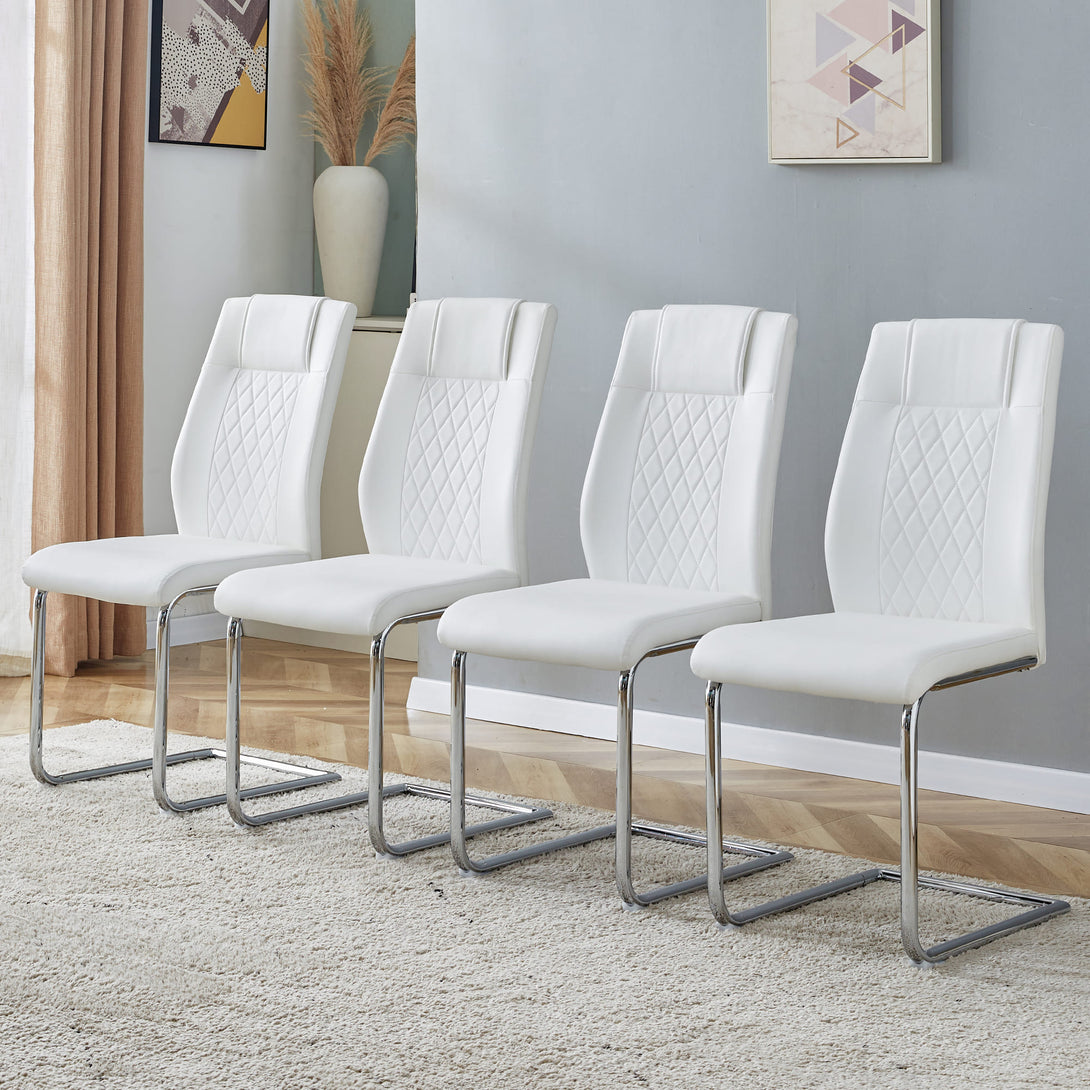 4 Pcs Faux Leather Upholstered High Back Dining Chairs with Metal Base- White_0