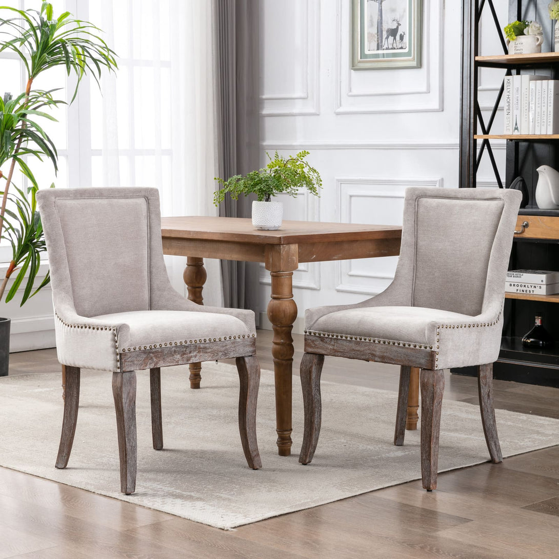 Mid-Century Modern Dining Accent Chair Set of 2 with Nailhead Trim- Beige_0