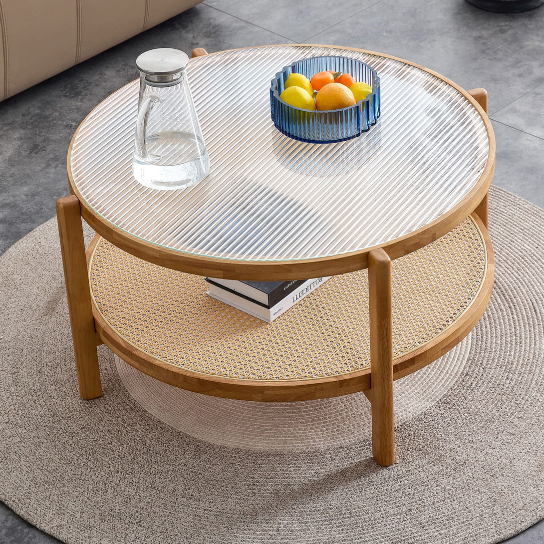 Modern and Simple Solid Wood Double Layered Circular Rattan Coffee Table- Natural_0