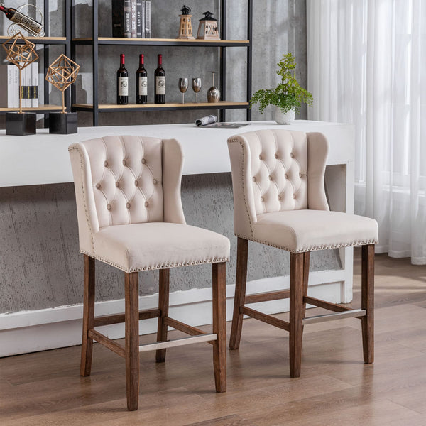 27" Upholstered Velvet Barstools Set of 2 with Nailhead Trim & Tufted Back- Beige_0