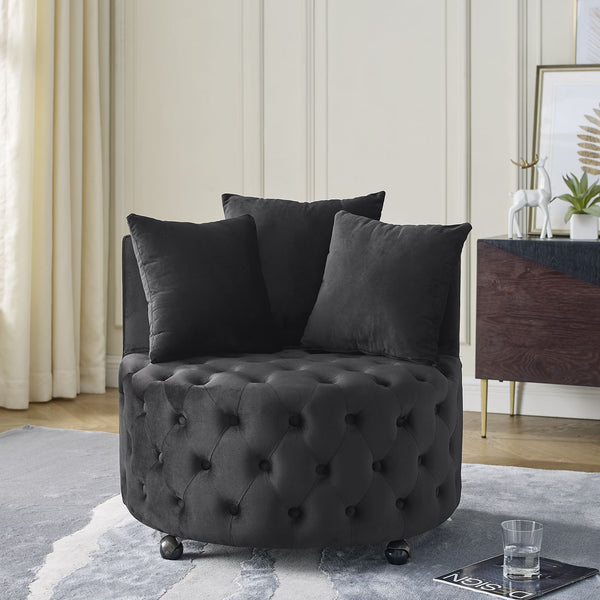 Button Tufted Design Swivel Accent Sofa Barrel Chair with Movable Wheels- Black_0