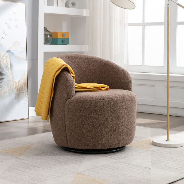 Teddy Fabric Swivel Accent Armchair Barrel Chair With Black Metal Ring- Coffee Brown_0