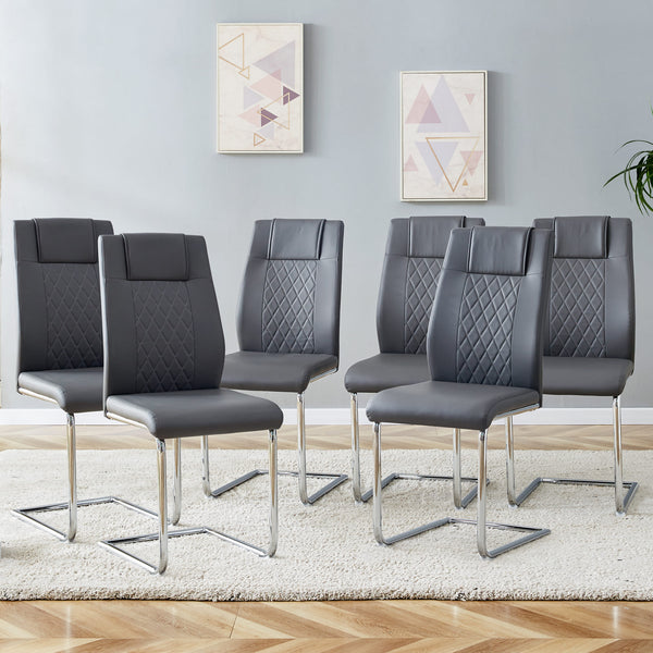 6 Pcs Faux Leather Upholstered Grid High Back Dining Chairs with Metal Base- Grey, Silver_0