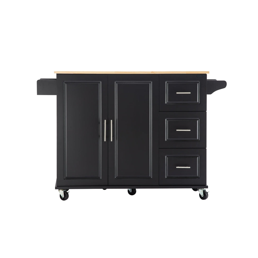 3 Drawers Rubber Wooden Top Utility Kitchen Cart with Adjustable Shelf- Black_14