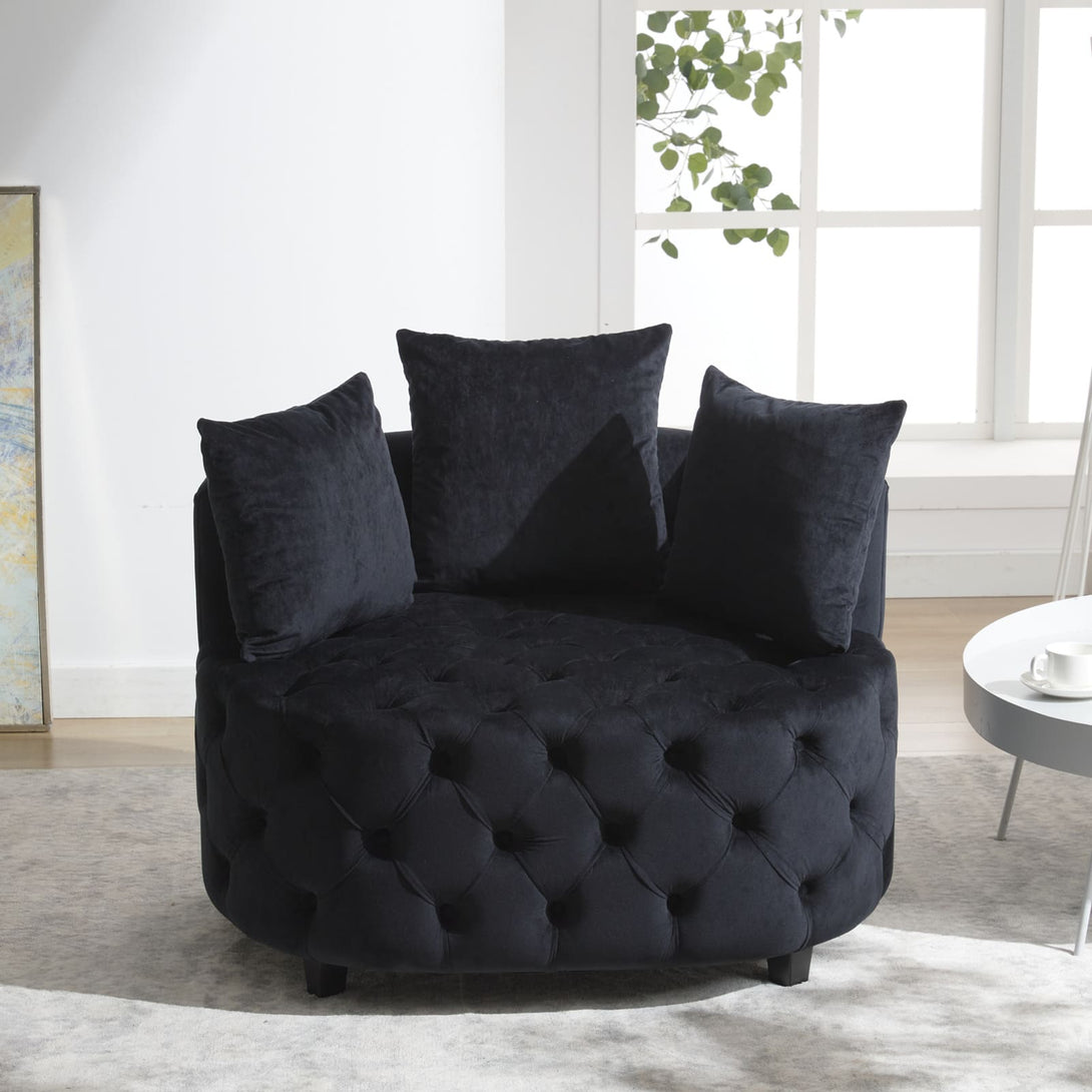 Tufted Upholstered Classical Living Room Barrel Accent Chair with Pillows- Black_3