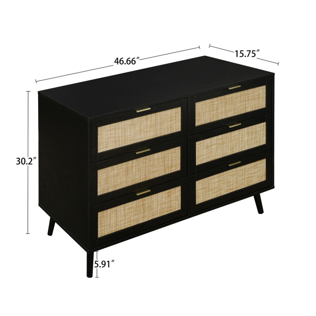 Modern Wood and Rattan 6 Drawer Dresser for Bedroom Living Room - Black_2