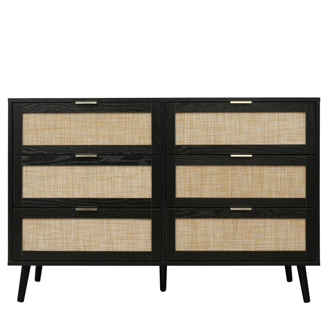 Modern Wood and Rattan 6 Drawer Dresser for Bedroom Living Room - Black_3