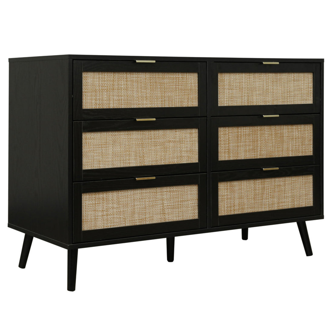 Modern Wood and Rattan 6 Drawer Dresser for Bedroom Living Room - Black_4