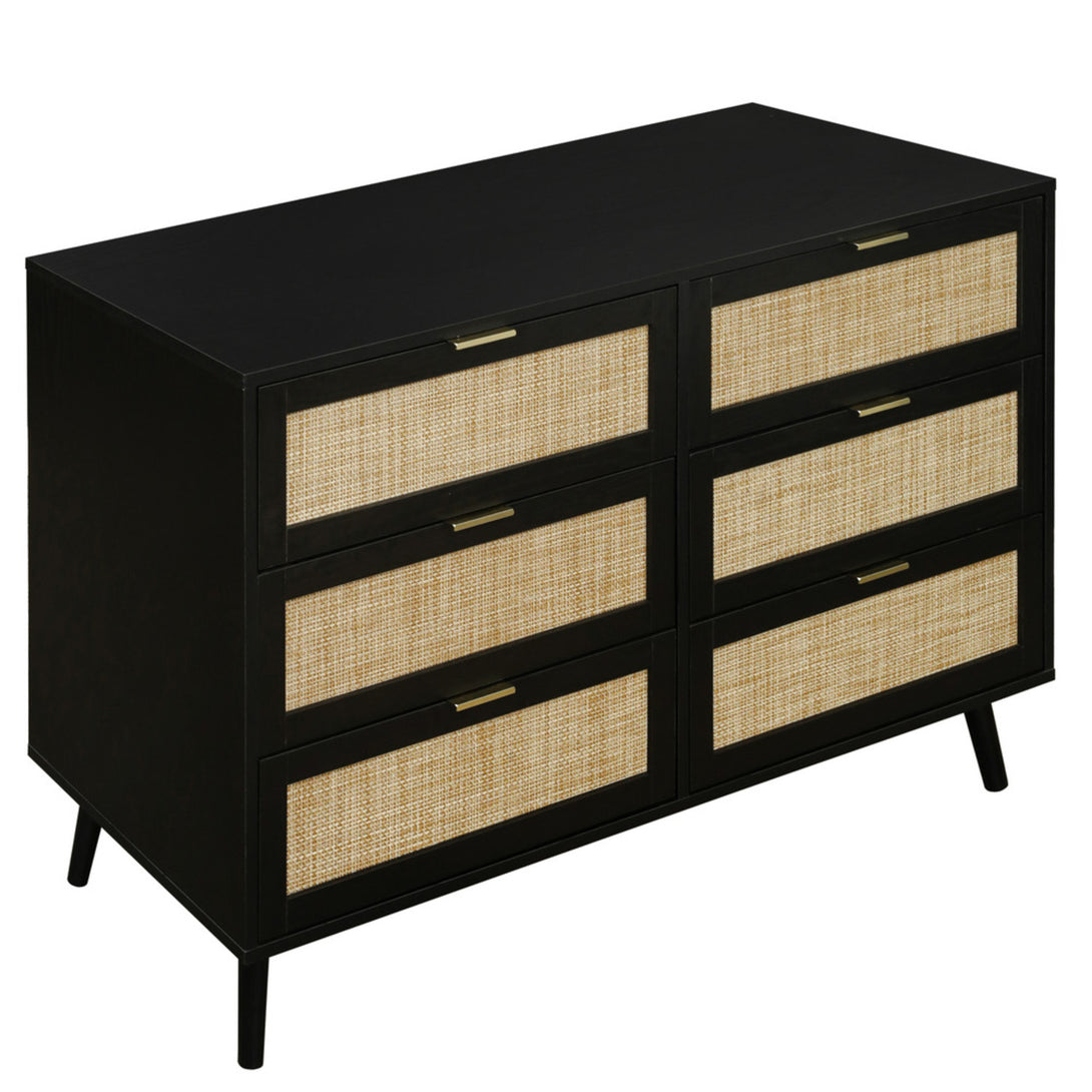 Modern Wood and Rattan 6 Drawer Dresser for Bedroom Living Room - Black_5