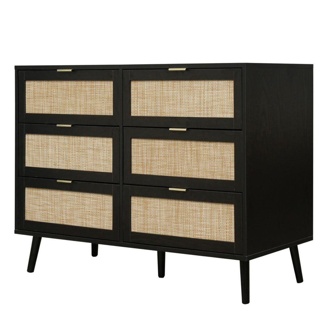 Modern Wood and Rattan 6 Drawer Dresser for Bedroom Living Room - Black_6