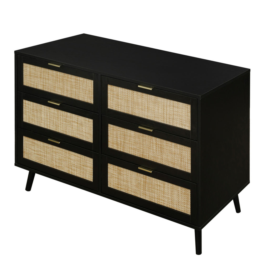 Modern Wood and Rattan 6 Drawer Dresser for Bedroom Living Room - Black_7