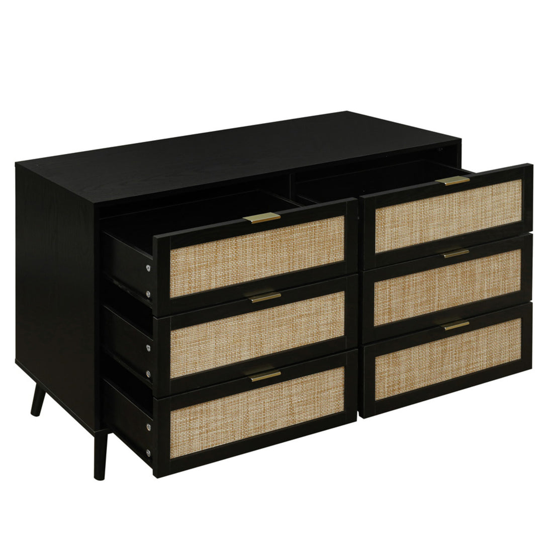 Modern Wood and Rattan 6 Drawer Dresser for Bedroom Living Room - Black_8