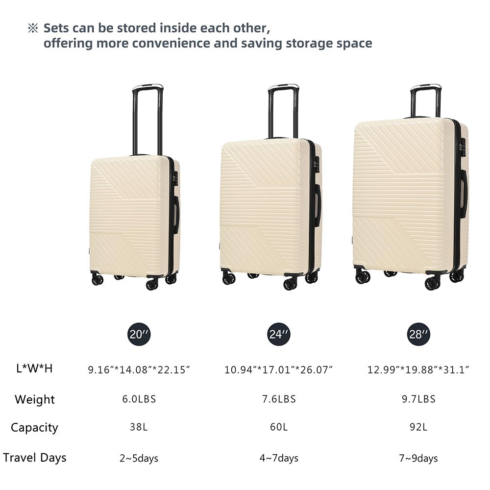 3-Piece Lightweight Hard-shell Luggage Set with Double Spinner Wheels and TSA Lock - Cream White_7