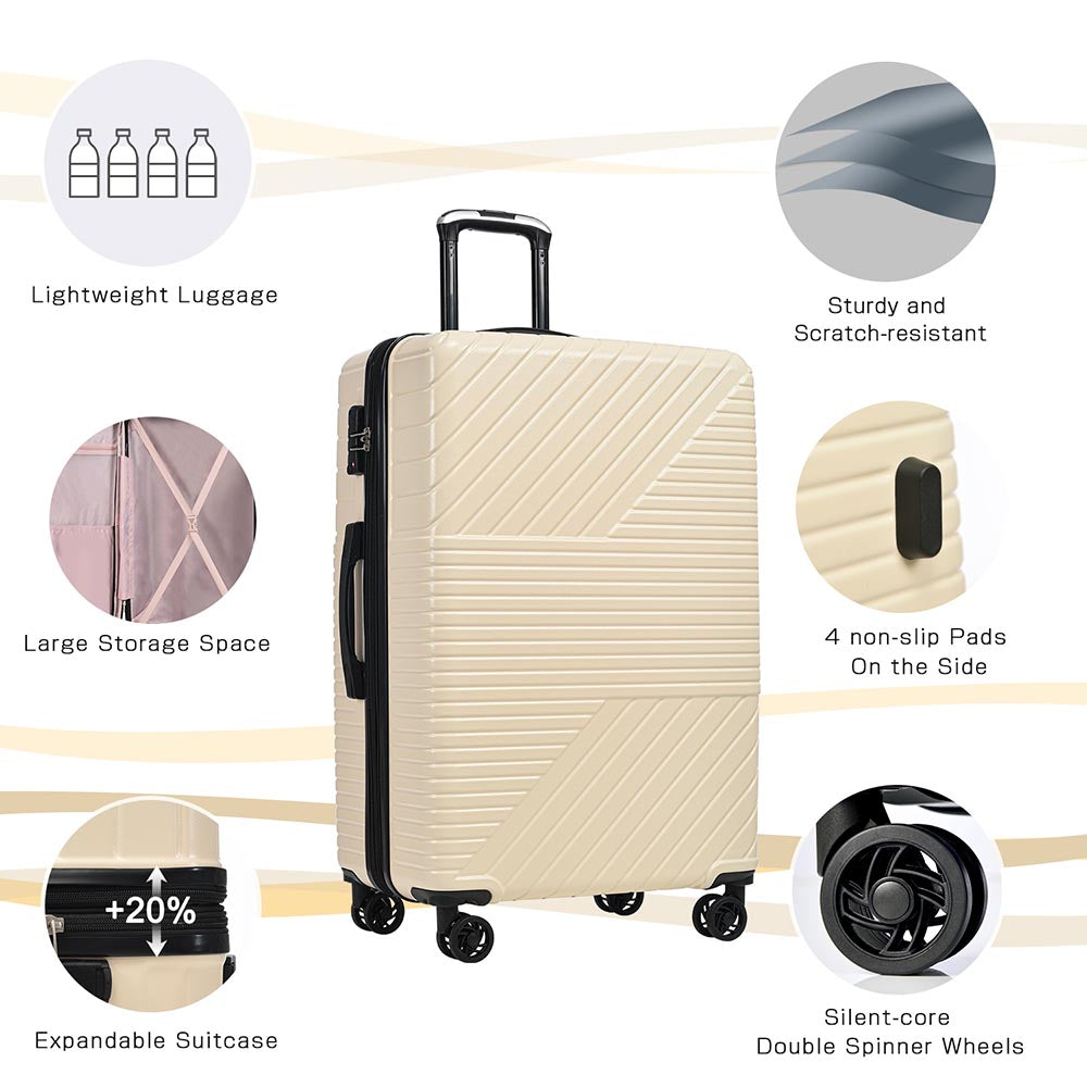 3-Piece Lightweight Hard-shell Luggage Set with Double Spinner Wheels and TSA Lock - Cream White_11